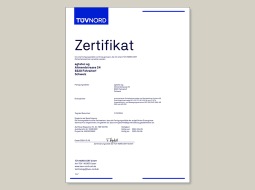 TÜV NORD Zertifikat für eine Fertigungsstätte – DFA 127